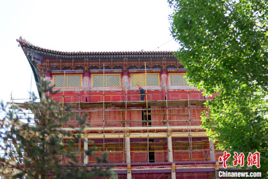 圖為5月上旬，甘肅山丹縣大佛寺內(nèi)，工作人員對古建筑大雄寶殿進(jìn)行修繕。 中新社記者 高展 攝