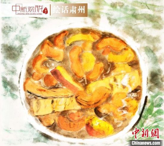 圖為酒泉美食“糊鍋”繪畫(huà)作品?！《排d彥 攝