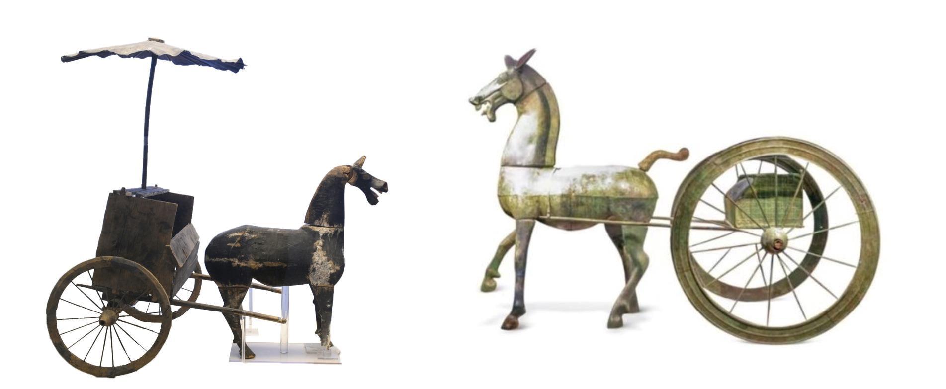 △左為漢代木軺車(chē)，藏于青海省博物館；右為東漢銅車(chē)馬，藏于黔西南州博物館。